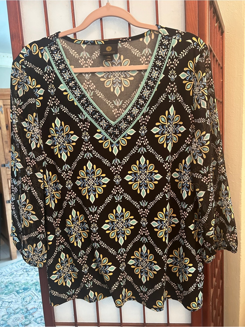 JM Collection Black V-Neck Floral Medallion Tunic